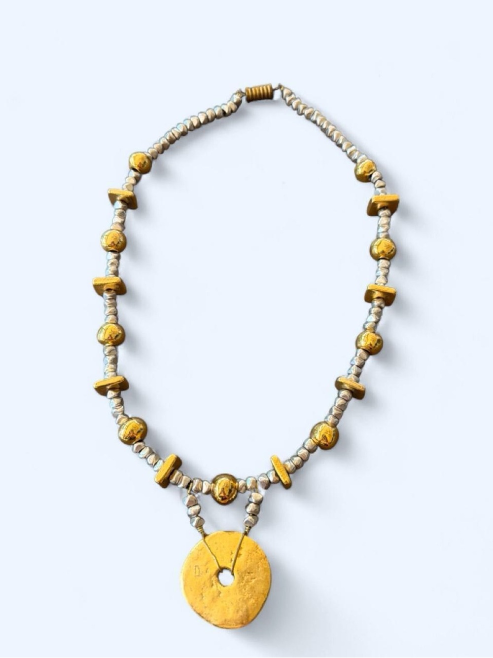 Vintage Modernist Two-Tone Statement Necklace Hammered Gold Disc Pendant 20”